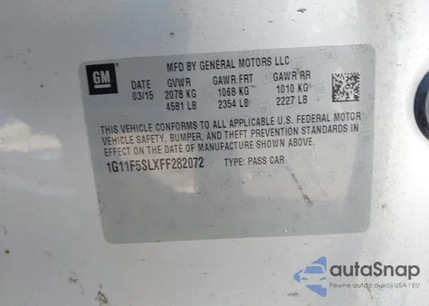 2015 Chevrolet Malibu 1Lz from USA, damaged, VIN 1G11F5SLXFF282072